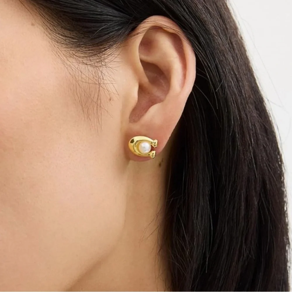 Coach Gold & Pearl C-Shape Post Earrings NWT - Picture 3 of 8